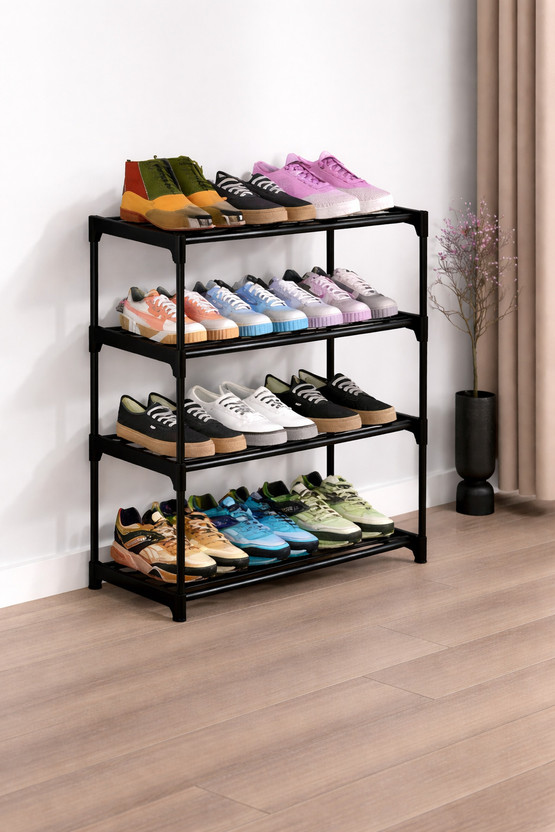 SKEDIZ Multipurpose Shoe, Cloth & Book Storage Space Saver Plastic, Metal Shoe Stand(Black Pipe, 4 Shelves, DIY(Do-It-Yourself))