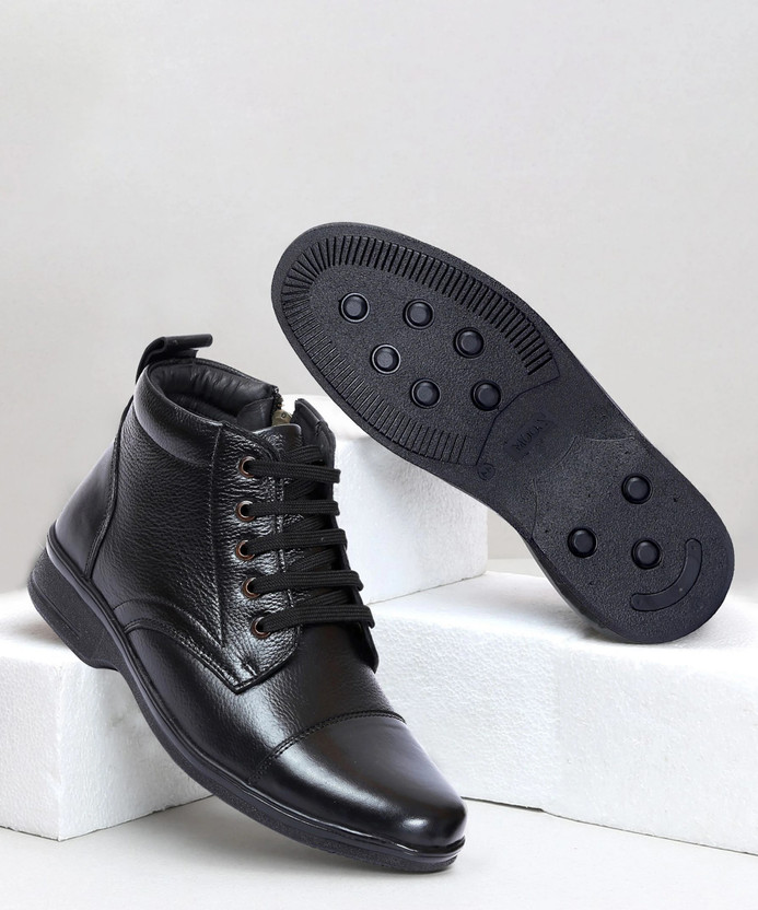 Zoom Shoes Genuine Leather High Ankle Boots Lace-up & Zipper Cushioned Insole Daily Comfort Boots For Men(Black , 6)