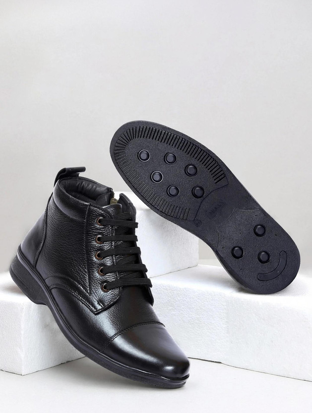 Zoom Shoes Genuine Leather High Ankle Lace-up & Zipper Cushioned Insole Daily Comfort Boots For Men(Black , 9)