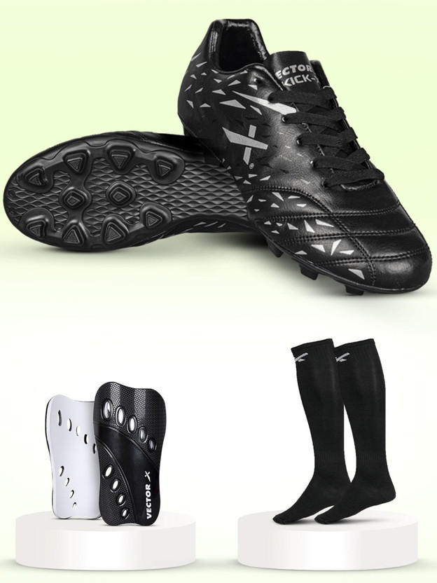 VECTOR X Combo Kick X Shoe With Pair of Shin Guard & Stockings Football Soccer Kit Football Shoes For Men(Black, White , 8)