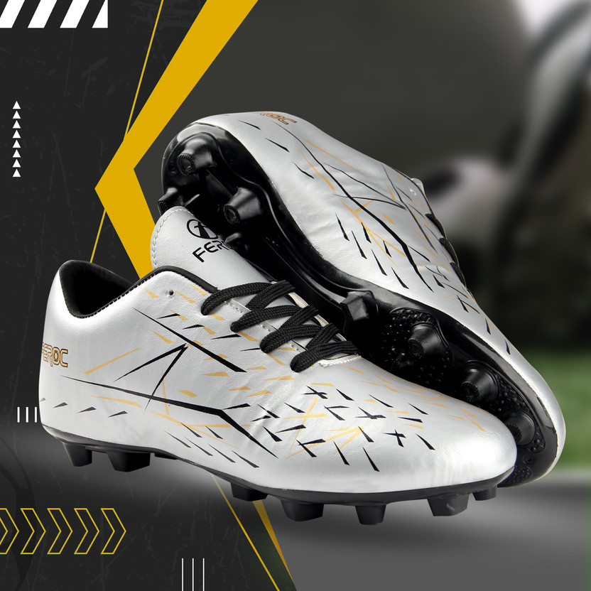FEROC Football Shoes For Men(Silver, Black , 5)