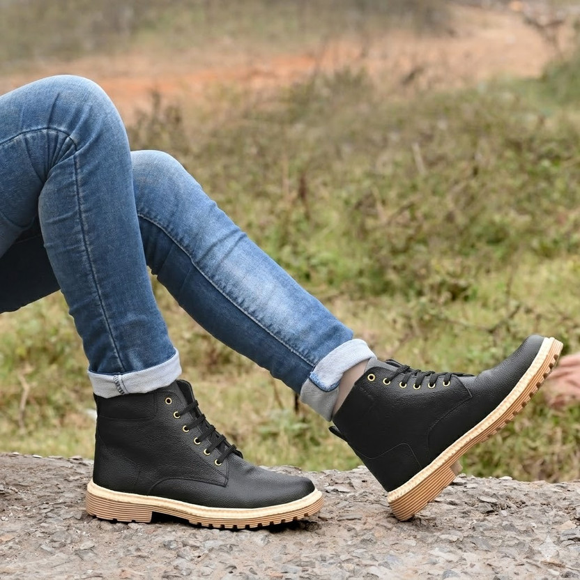 overstar Lace-Up Ankle Boots | Stylish Casual & Outdoor Mid-Top Boots Boots For Men(Black , 9)