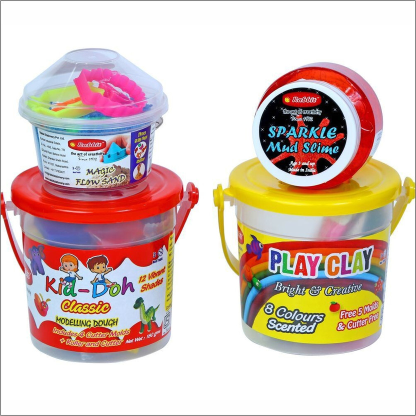 Rabbit DOH Bucket Classic + Play Clay 8 Color Bucket + Metallic Slime 100gm + Sand 100gm Combo of 4 | Doh for kids | Doh factory for kids| Doh for girls| Doh toys | Play doh play set | play doh clay| play clay slime sand | sand for kids | slime clay sand | Multicolor | 3 + age