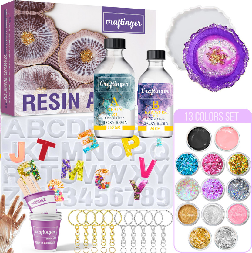 Crftinger Diy Resin Art Alphabet Keychain Making kit With 200 Gm Epoxy Coaster Mould &More