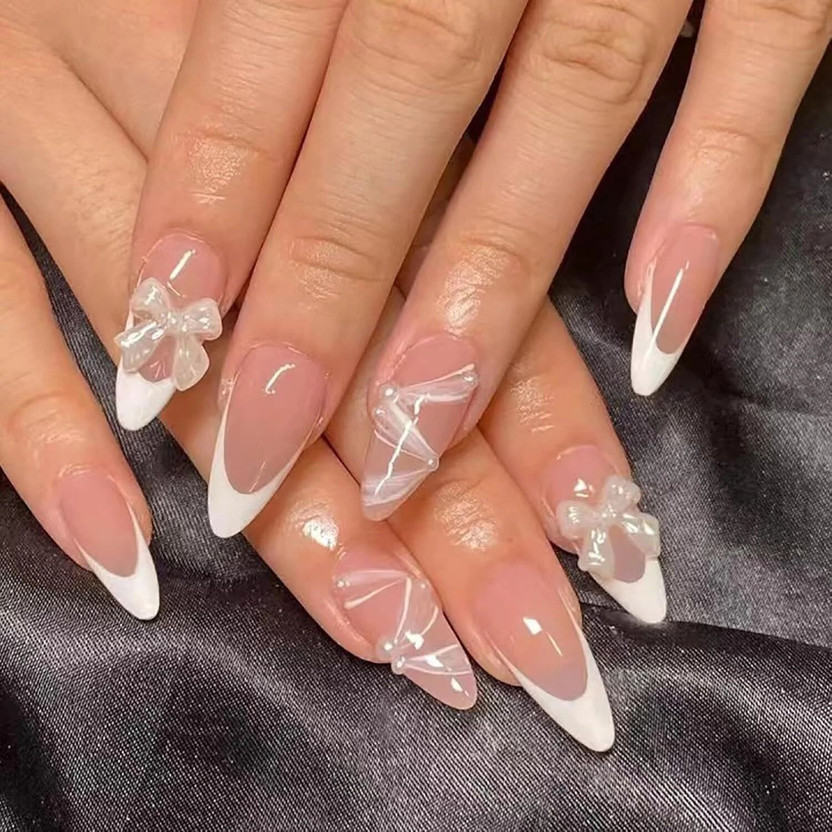 NAKHI 24 Reusable Artificial Fake Nail Set |Base peach colour with White Bow Design Peach(Pack of 24)