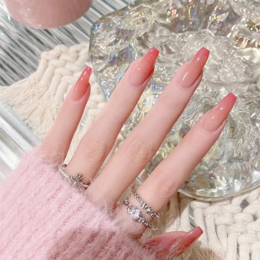 The Pink Truck Set of 24 Artificial reusable Nails in Tomato with Ombre Design with glue Red, Natural, Ombre(Pack of 24)