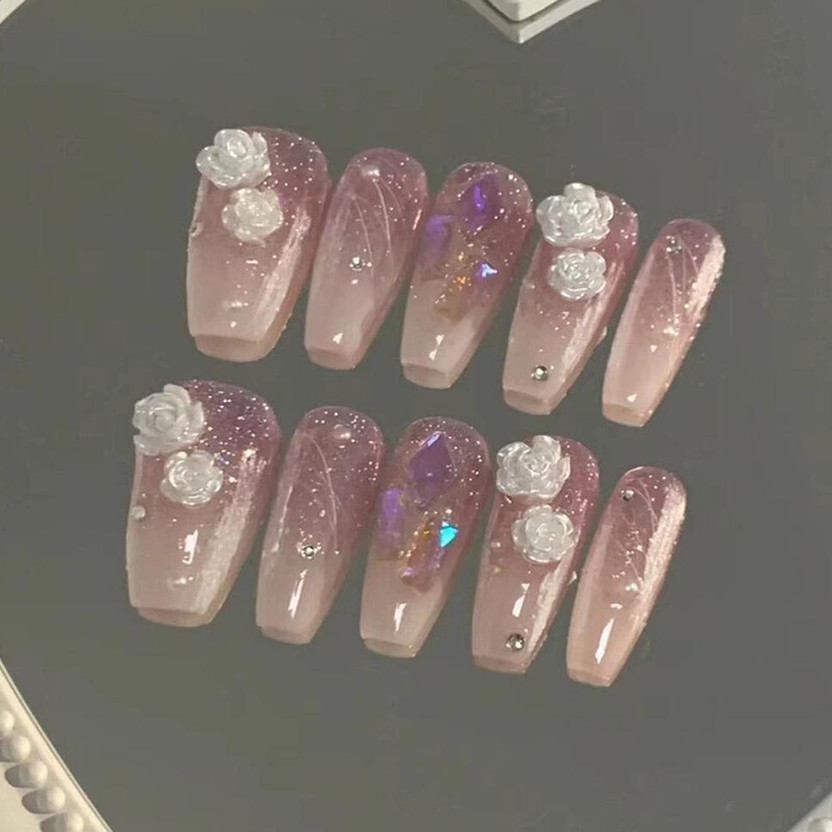The Pink Truck Set of 24 Artificial reusable Nails in Purple with flowere Design with glue Purple(Pack of 24)