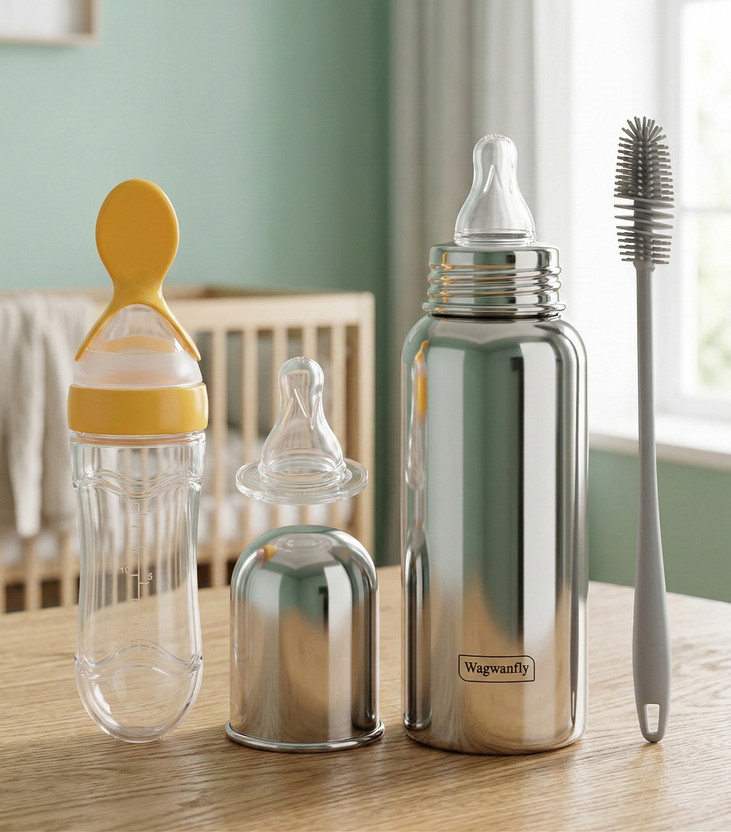 Wagwanfly Stainless Steel New Born Baby Feeding Bottle for Milk Water With Spoon Feeder - 240 ml(Silver-Yellow)