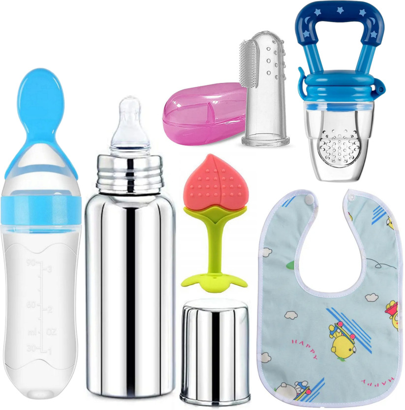 Goyoku Steel Feeding Bottle, Spoon Bottle, Nibbler, Teether, bib, Finger brush Feeder(Multicolor)