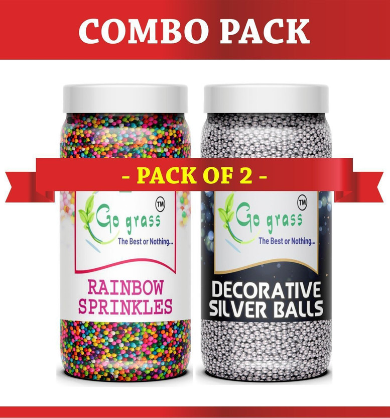GO GRASS Decorative Silver Balls & rainbow Sugar Sprinkles for Cake Decoration / 80g EACH Sprinkles(160 g, Pack of 2)