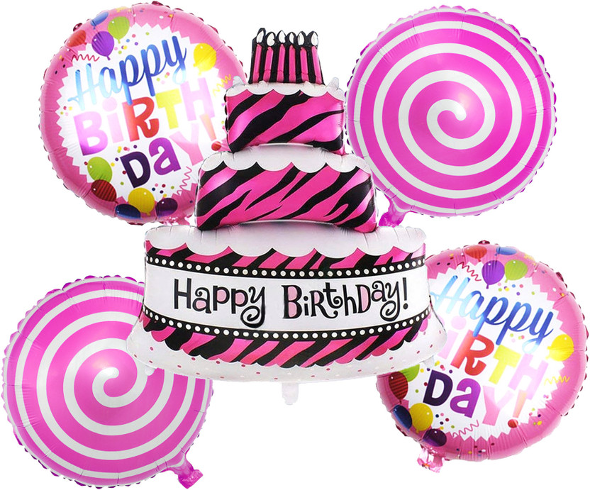 Crazykart Printed Happy Birthday Cake Shape Foil for Party Decoration Items Balloon(Pink, Pack of 5)