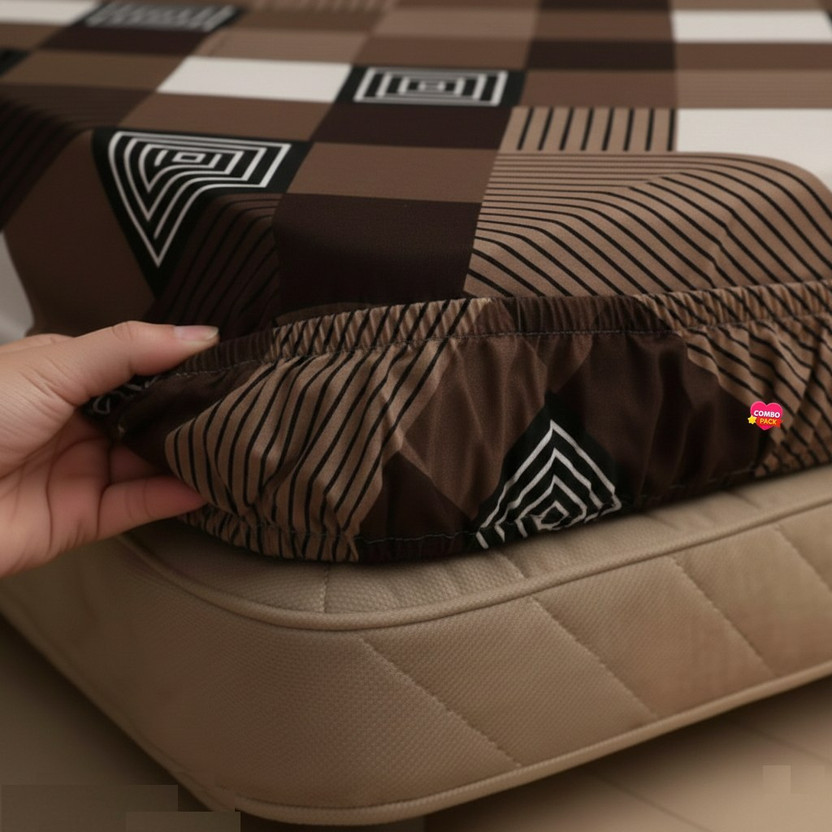 Bedsheat hub Cotton Double Fitted (Elastic) 320 TC Printed 1 Bedsheet with 2 Pillow Covers(Brown)