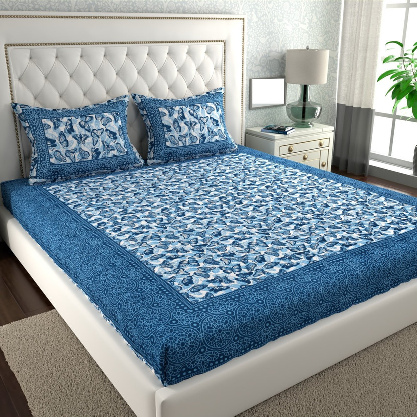 Cosito Cotton Double Flat 144 TC Jaipuri Prints 1 Bedsheet with 2 Pillow Covers(Navy Blue)