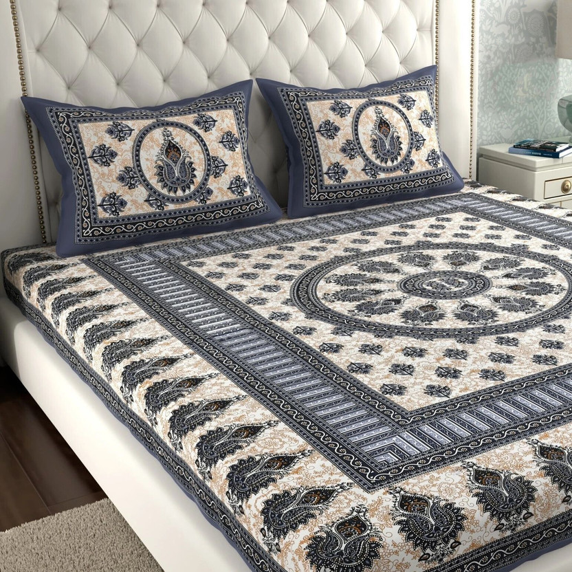 BharatLinen Cotton Double Flat 144 TC Jaipuri Prints 1 Summer Bedsheet with 2 Pillow Covers(Beige, Grey)
