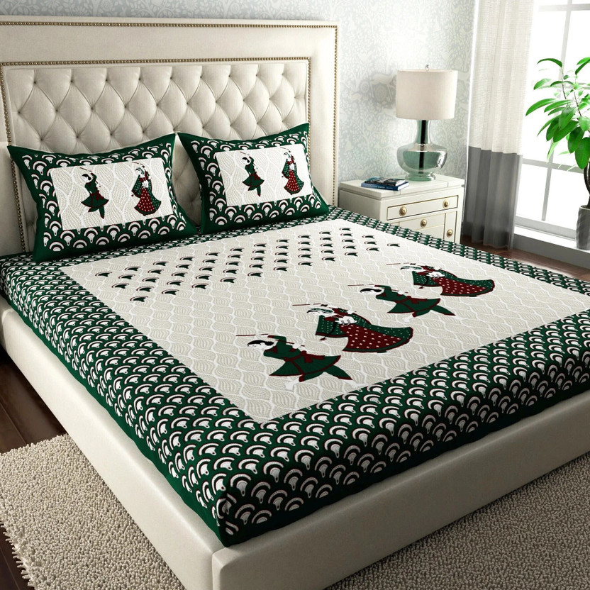 MONAYRA Cotton Double Flat 144 TC Jaipuri Prints 1 Bedsheet with 2 Pillow Covers(Beige, Green, Maroon)