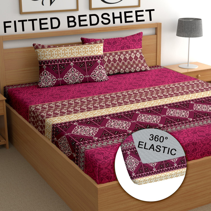 CG Homes Cotton Double Fitted (Elastic) 180 TC Floral 1 Bedsheet with 2 Pillow Covers(Maroon)