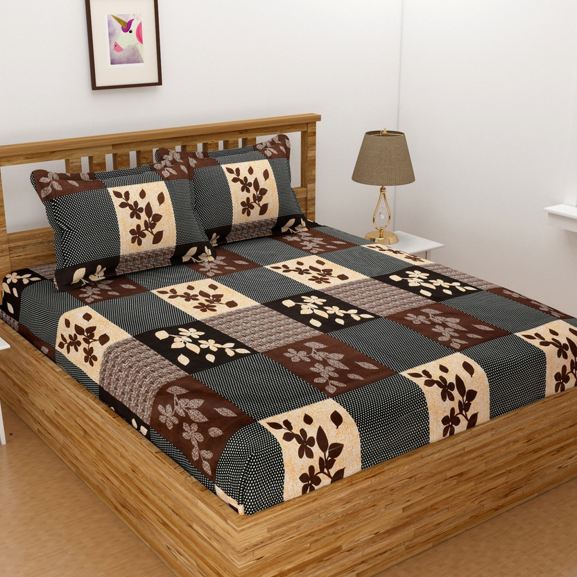 Home Stylish Microfiber Double Flat 200 TC Floral 1 Bedsheet with 2 Pillow Covers(Brown)