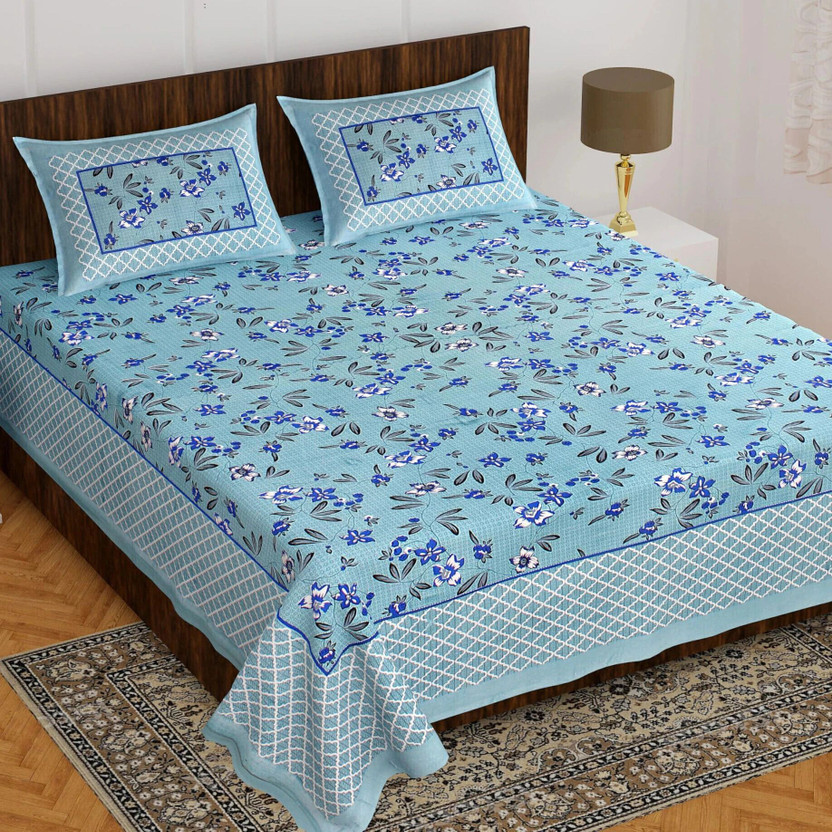 Leo Creation Cotton Double Flat 144 TC Printed 1 Bedsheet with 2 Pillow Covers(Blue)