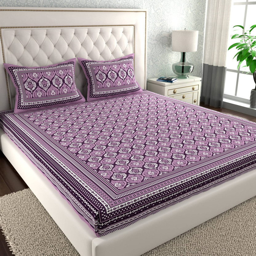 CLOTHOLOGY Cotton Double Flat 144 TC Jaipuri Prints 1 Bedsheet with 2 Pillow Covers(Lavender, Crisp White, Deep Indigo)