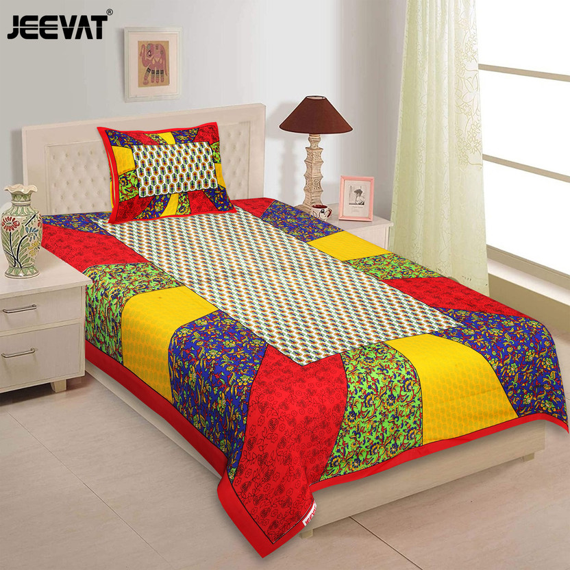 Jeevat Cotton Single Flat 144 TC Jaipuri Prints 1 Bedsheet with 2 Pillow Covers(Red, Green, Blue)