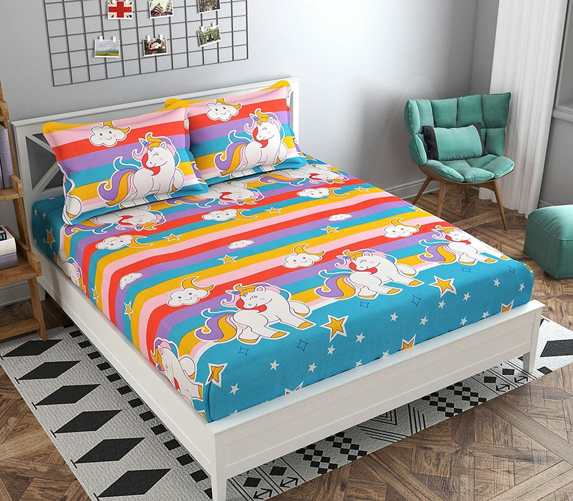 Kawi Kawi Polycotton Queen Fitted (Elastic) 200 TC Printed 1 Bedsheet with 2 Pillow Covers(Multicolor) - Flipkart Deal