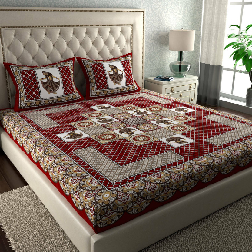 CLOTHOLOGY Cotton Double Flat 144 TC Jaipuri Prints 1 Bedsheet with 2 Pillow Covers(Crimson Red, Warm Beige, White)