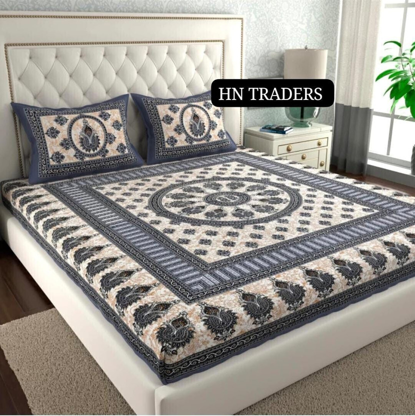 hntraders Cotton Double Flat 144 TC Jaipuri Prints 1 Bedsheet with 2 Pillow Covers(Grey)