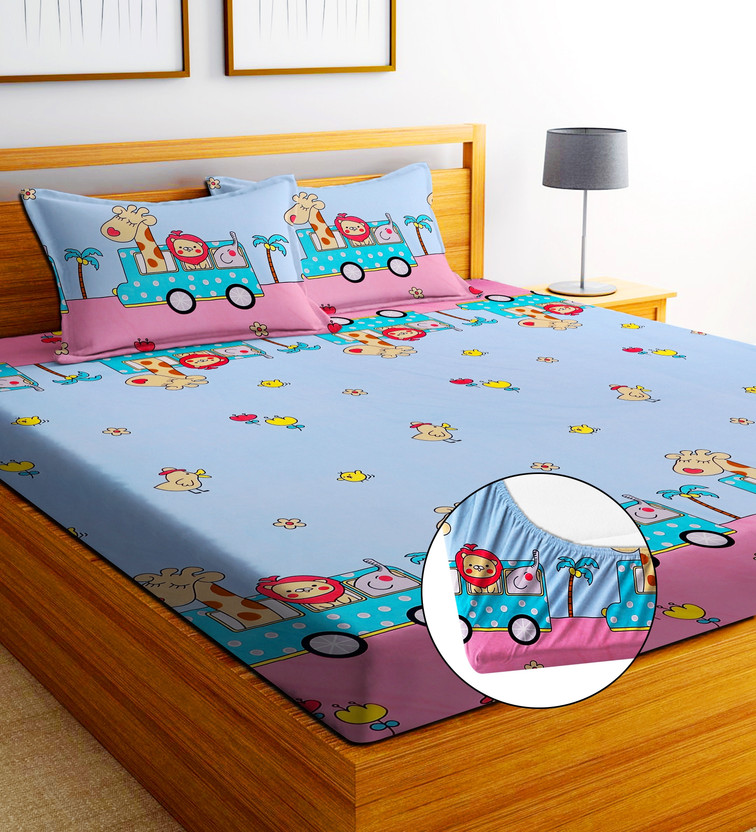 EXFAB Cotton King Fitted (Elastic) 244 TC Cartoon 1 Bedsheet with 2 Pillow Covers(BUS)