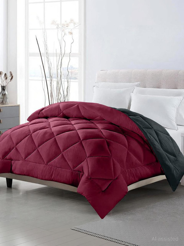 CHICERY Solid Single Comforter for  Heavy Winter(Cotton, Maroon - Grey)