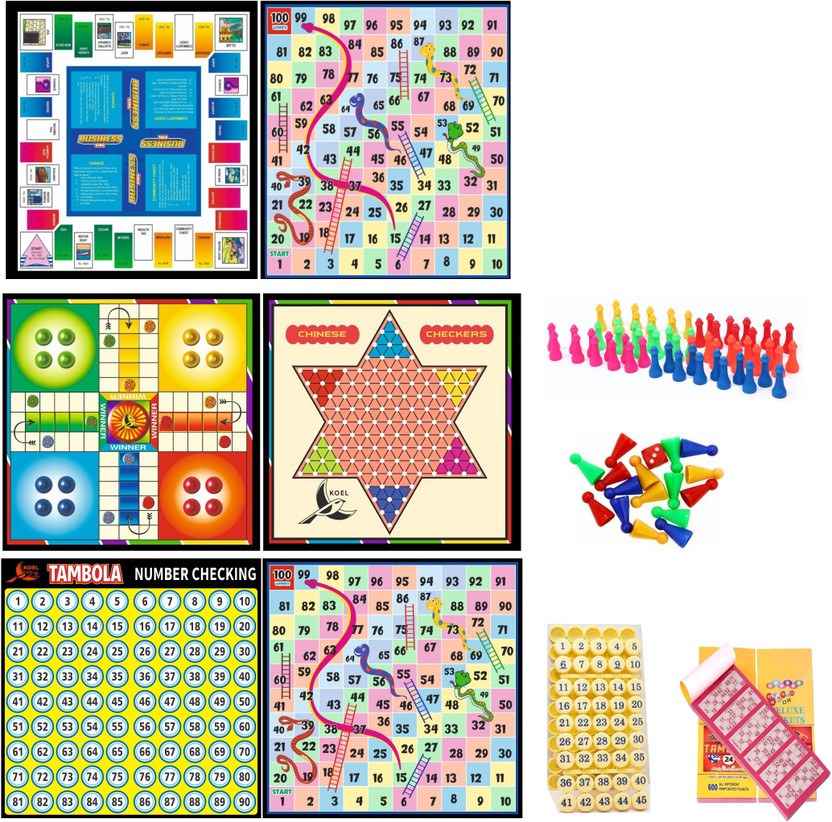 Koel 6 in 1 Wooden 12*12" Ludo Checker Business Snake Housie Lotto Snake | Party & Fun Board Game