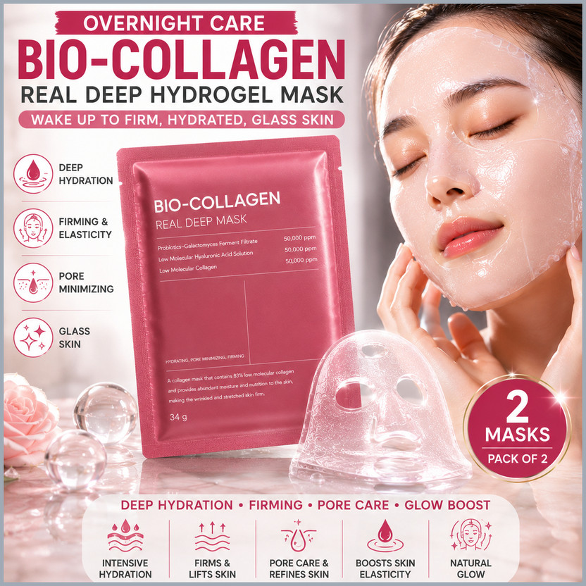FlyTouch 2 Pcs Bio Collagen Facial Hydrogel Mask for Overnight Moisture & Skin Firming(68 g)