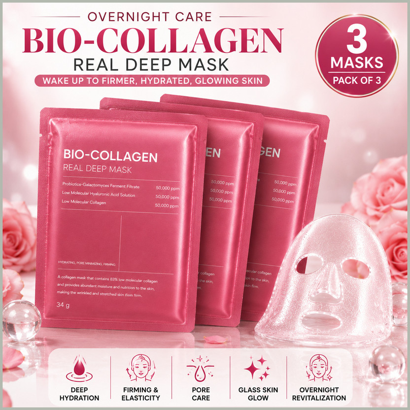 FlyTouch 3 Pcs Deep Moisture Bio Collagen Facial Mask for Glass Skin & Pore Care Routine(102 g)