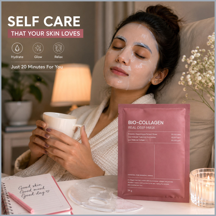 FlyTouch 1 Pc Deep Hydration Korean Face Mask with Bio Collagen for Glass Skin Finish(34 g)