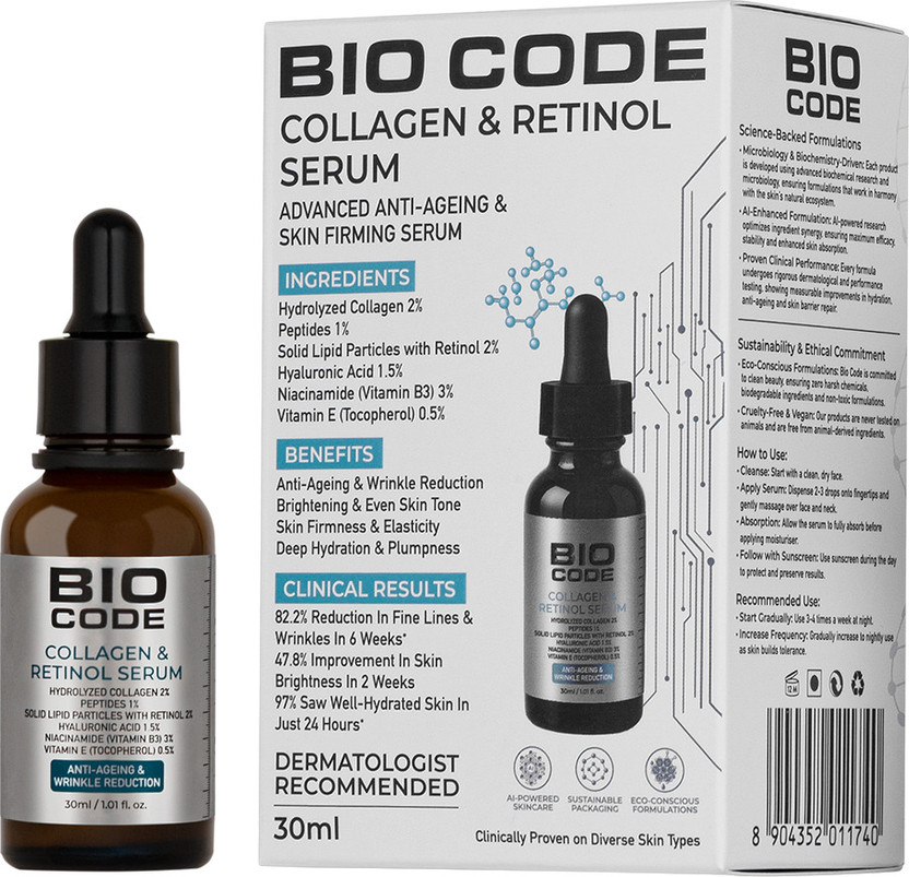 BIO CODE Collagen & Retinol Serum - Anti-Aging with Hyaluronic Acid | AI-Enhanced Formula(30 ml)