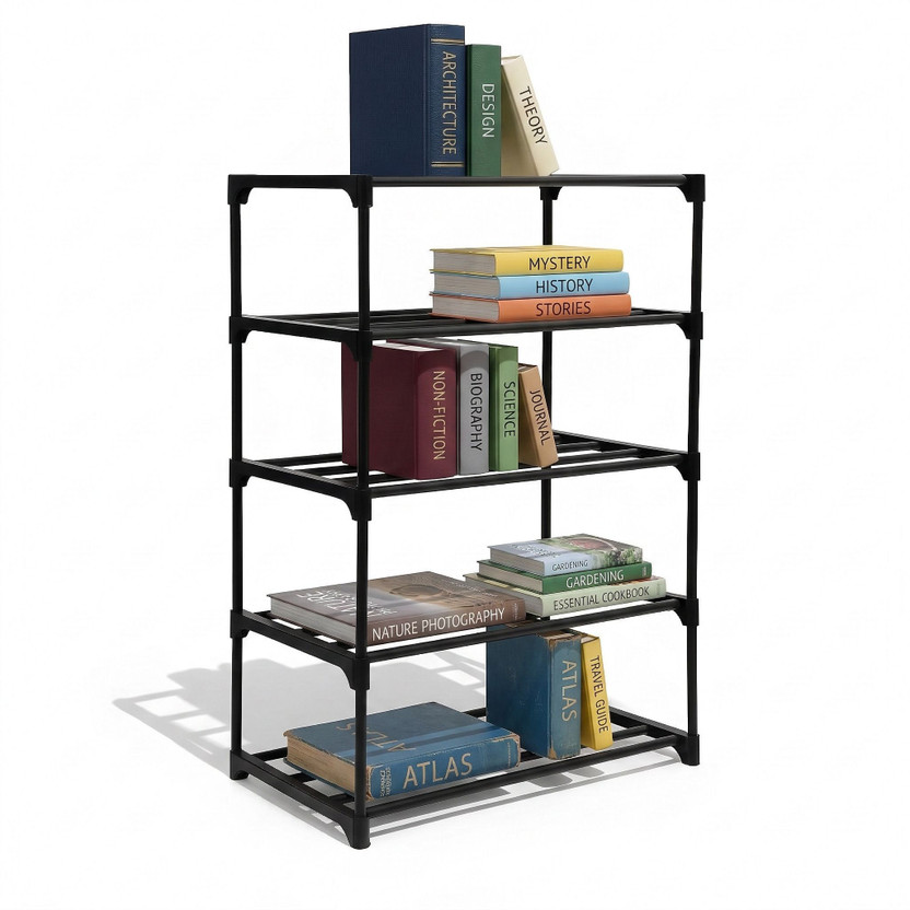 FLOVR 5 Tier Plastic Storage Rack Multipurpose Bookshelf Organizer Shelf Rack Plastic Open Book Shelf(Finish Color - Black, DIY(Do-It-Yourself))