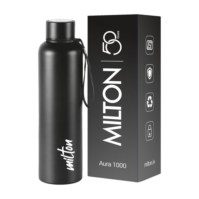 MILTON Aura 1000 Thermosteel Water Bottle, ISI Certified, 24 Hr Hot and Cold 1 L Stainless Steel Flask(Pack of 1, Black)