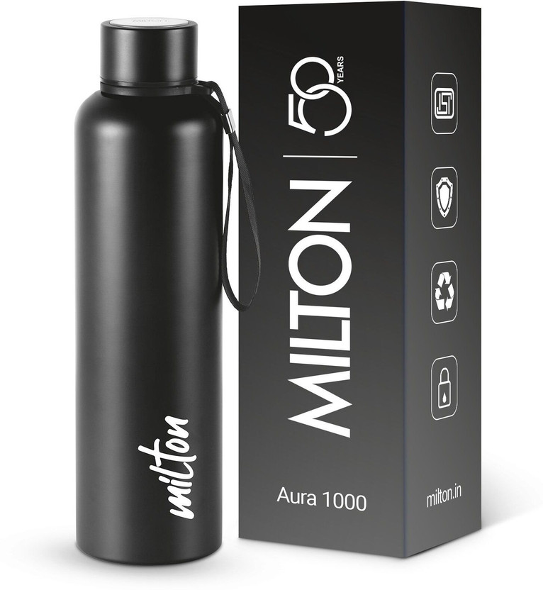 MILTON Aura 1000 Thermosteel Water Bottle, ISI Certified, 24 Hr Hot and Cold 1 L Steel Flask(Pack of 1, Black)