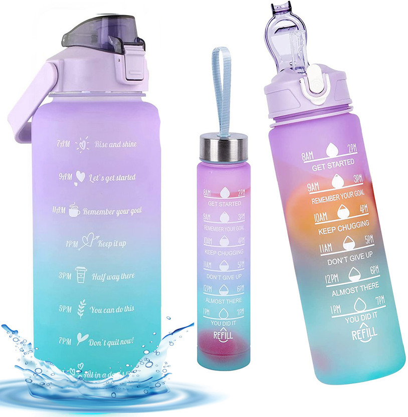 US1984 Sport Gallon Water Bottle, Gym Bottle BPA Free, Motivational Bottle with Straw 2000 ml Plastic, Silicone Bottle(Pack of 3, Purple)