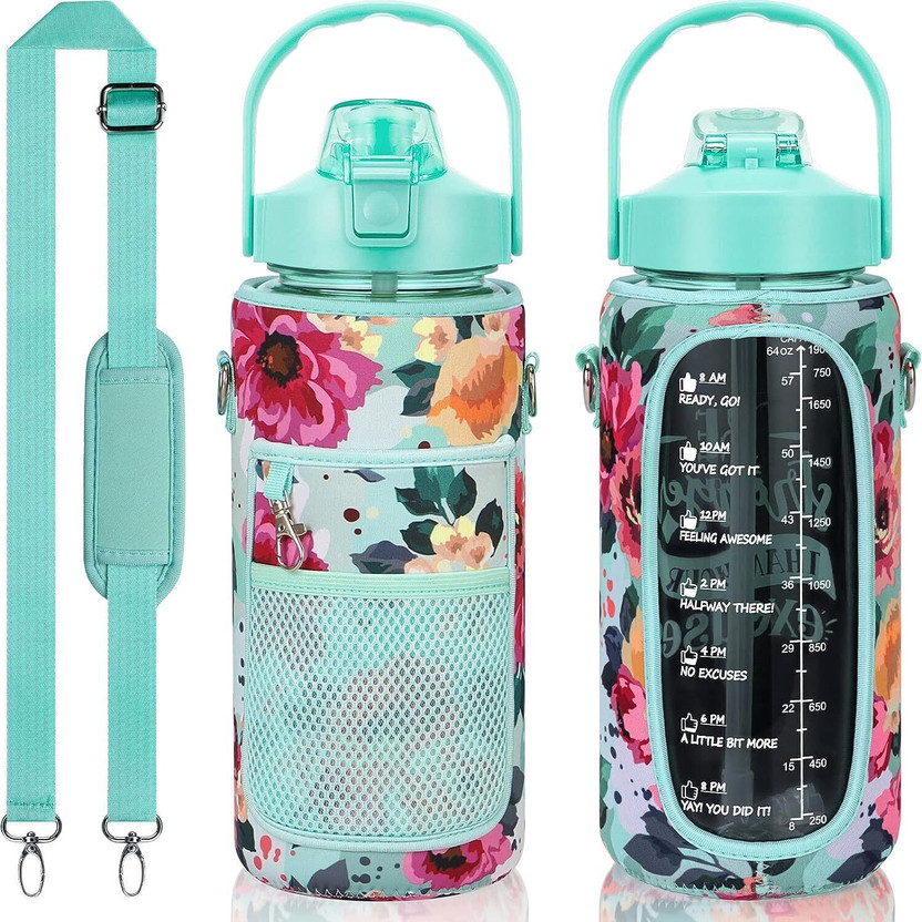 US1984 Water Bottle with Green Sleeve BPA Bottle with Straw & Motivational Time Marker 2000 ml Plastic, Silicone Bottle(Pack of 1, Green)