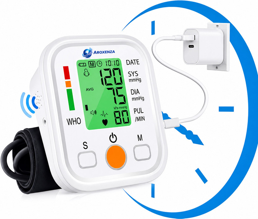 Aroxenza VitalPress-360 Digital Upper Arm Blood Pressure Monitor with LCD Display and Dual Power Support Bp Monitor(Pearl White)