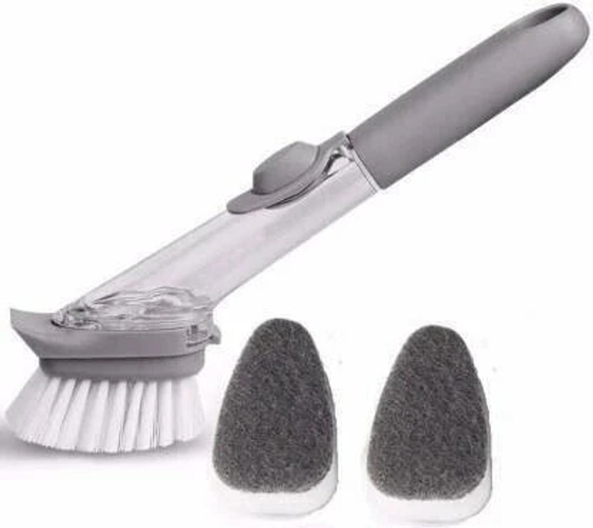 sm retail Kitchen Cleaning Brush Scrubber Dish Bowl Washing Sponge with Refill Liquid Soap Dispenser-Kitchen Pot Cleaner Tool Long Handle Sponge with White Wok Brush-Automatic Liquid Addition Sponge Nylon Wet and Dry Brush(Grey)