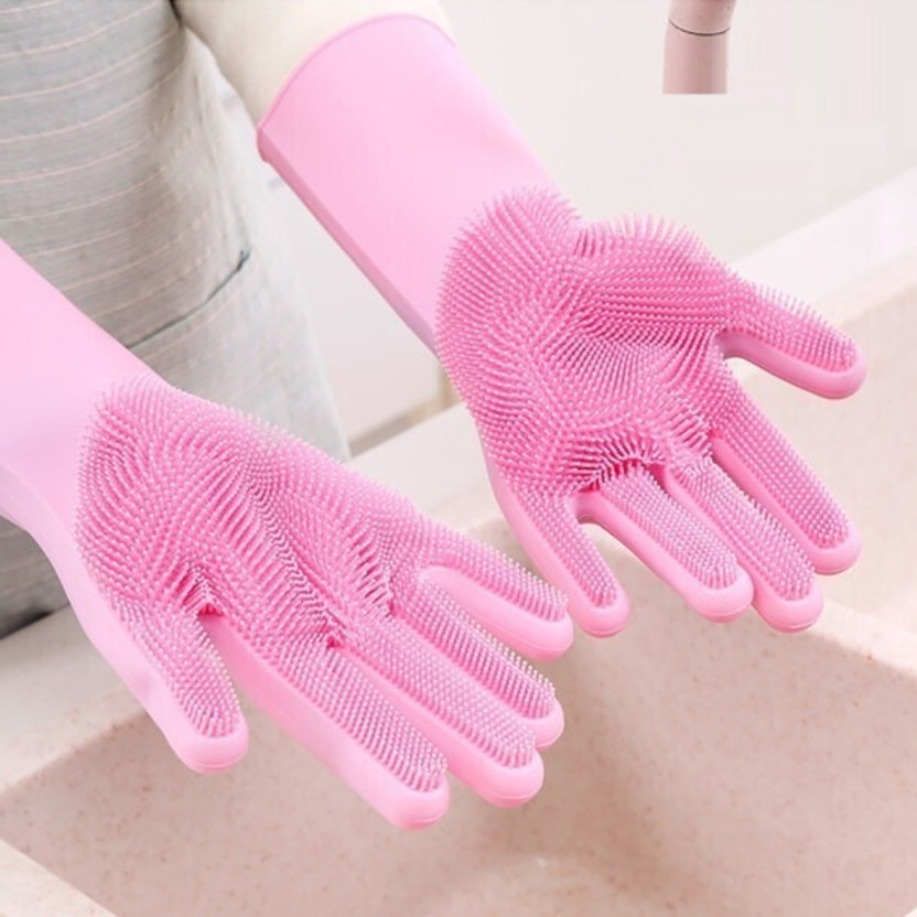 Asha Enterprises Silicon Gloves with Wash Scrubber Reusable Heat Resistant Kitchen Tool for Cleaning, Dish Washing Wet and Dry Glove(Free Size)