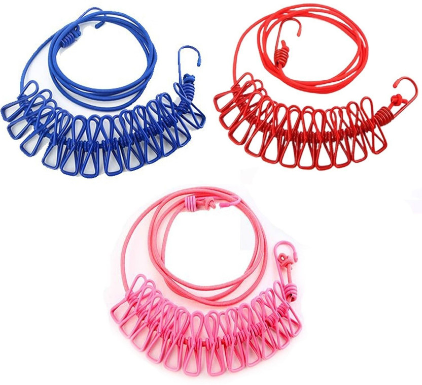 Wondly 12 Clips & 2 Hooks Portable Outdoor Clothesline Rope Nylon, Plastic, Stainless Steel Retractable Clothesline(1.8 m)