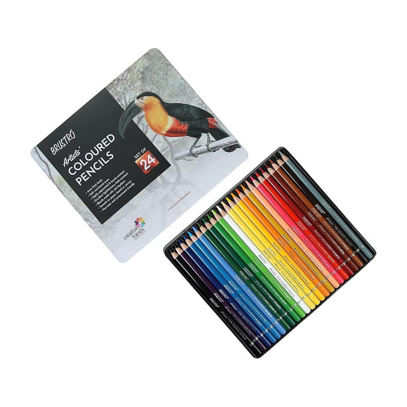 BRuSTRO ARTISTS' 4MM & SUPER SOFT COLOURED PENCILS, SET OF 24, WITH ELEGANT TIN BOX ROUND Shaped Color Pencils(Set of 24, Multicolor)