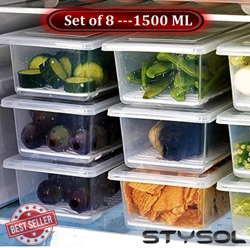 Stysol Plastic Fridge Container  - 1500 ml(Pack of 8, White)