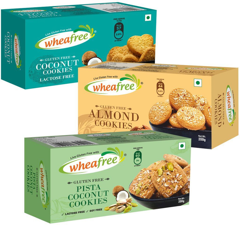 wheafree Almond Cookies 200g, Coconut Cookies 200g and Pista Coconut Cookies 200g Gluten Free Combo Pack Cookies(3 x 200 g)