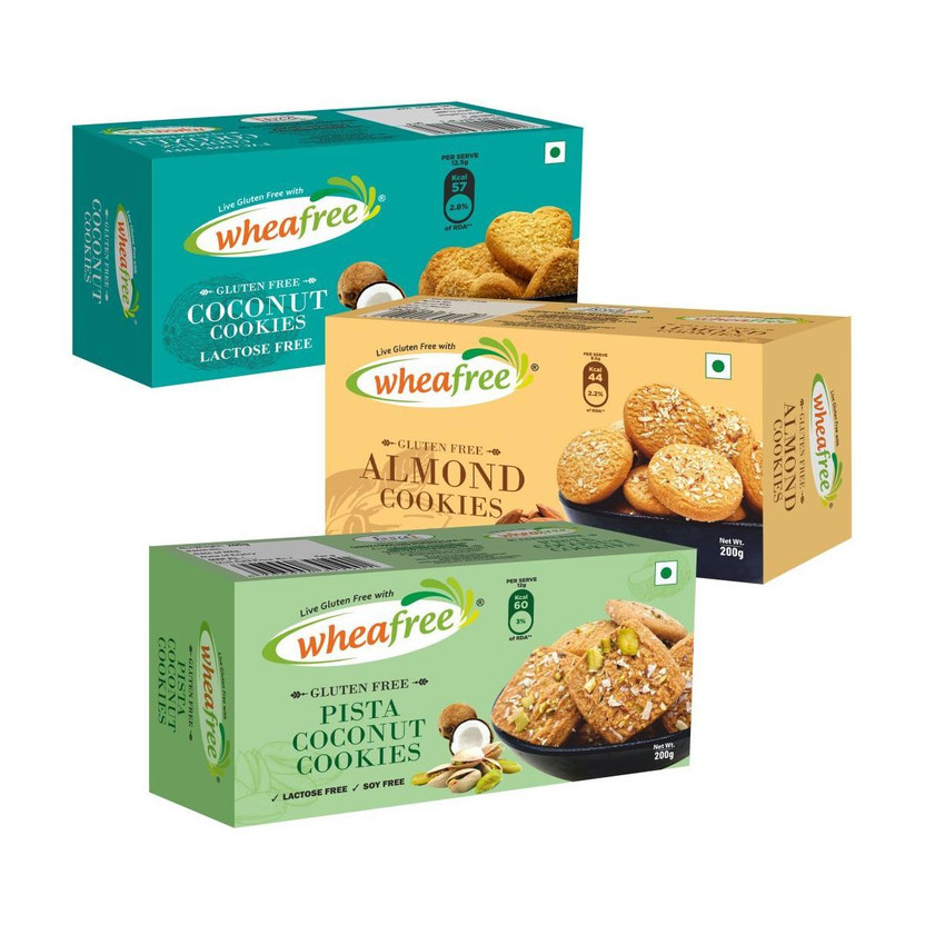 wheafree Almond Cookies 200g, Coconut Cookies 200g and Pista Coconut Cookies 200g Gluten Free Combo Pack Cookies(3 x 200 g)