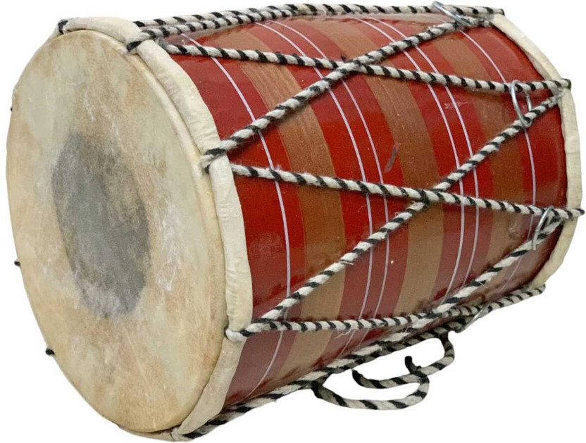 DHOLX Premium & Durable Wooden Dholak | 8 inches | For Puja & Folk Music | Rope & Rings Dholak(Red, Gold)