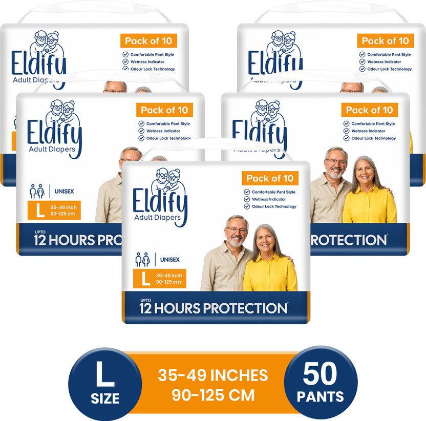 ELDIFY Unisex Pull-Up Pants, Super Absorbent | Waist Size (30-54inch) | Pack of 5 Adult Diapers - L(50 Pieces)