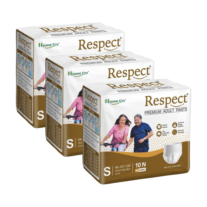 RESPECT Unisex Pull-Up Pants, 10hrs Absorption | Waist Size (19-42inch) | Pack of 3 Pant Diapers - S(30 Pieces)